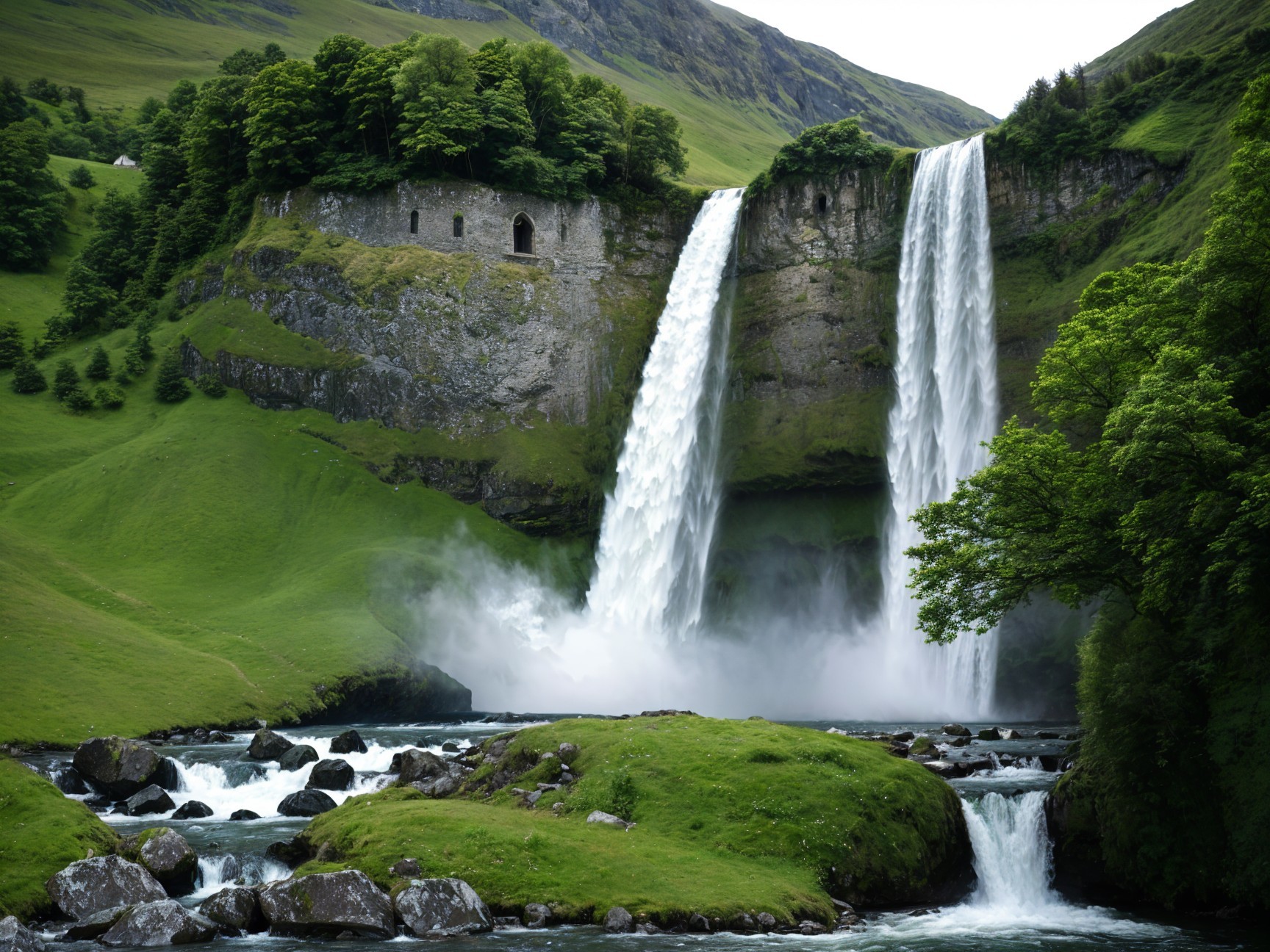 Majestic Waterfall Surrounded by Lush Greenery and History