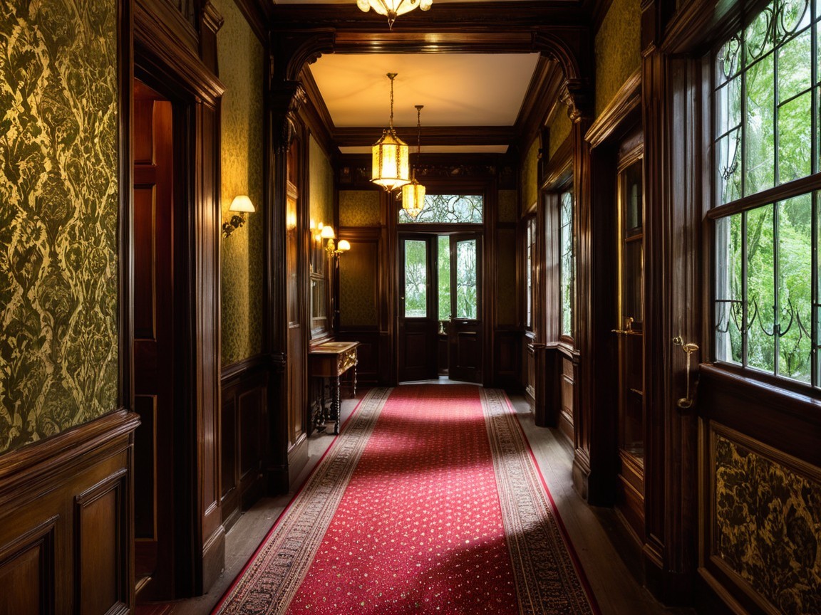 Elegant Hallway with Wood Paneling and Red Carpet