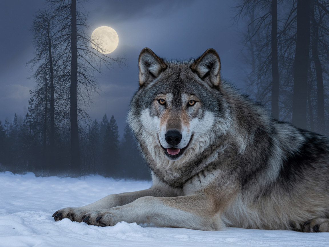 Wolf in Snowy Landscape Under Full Moonlight