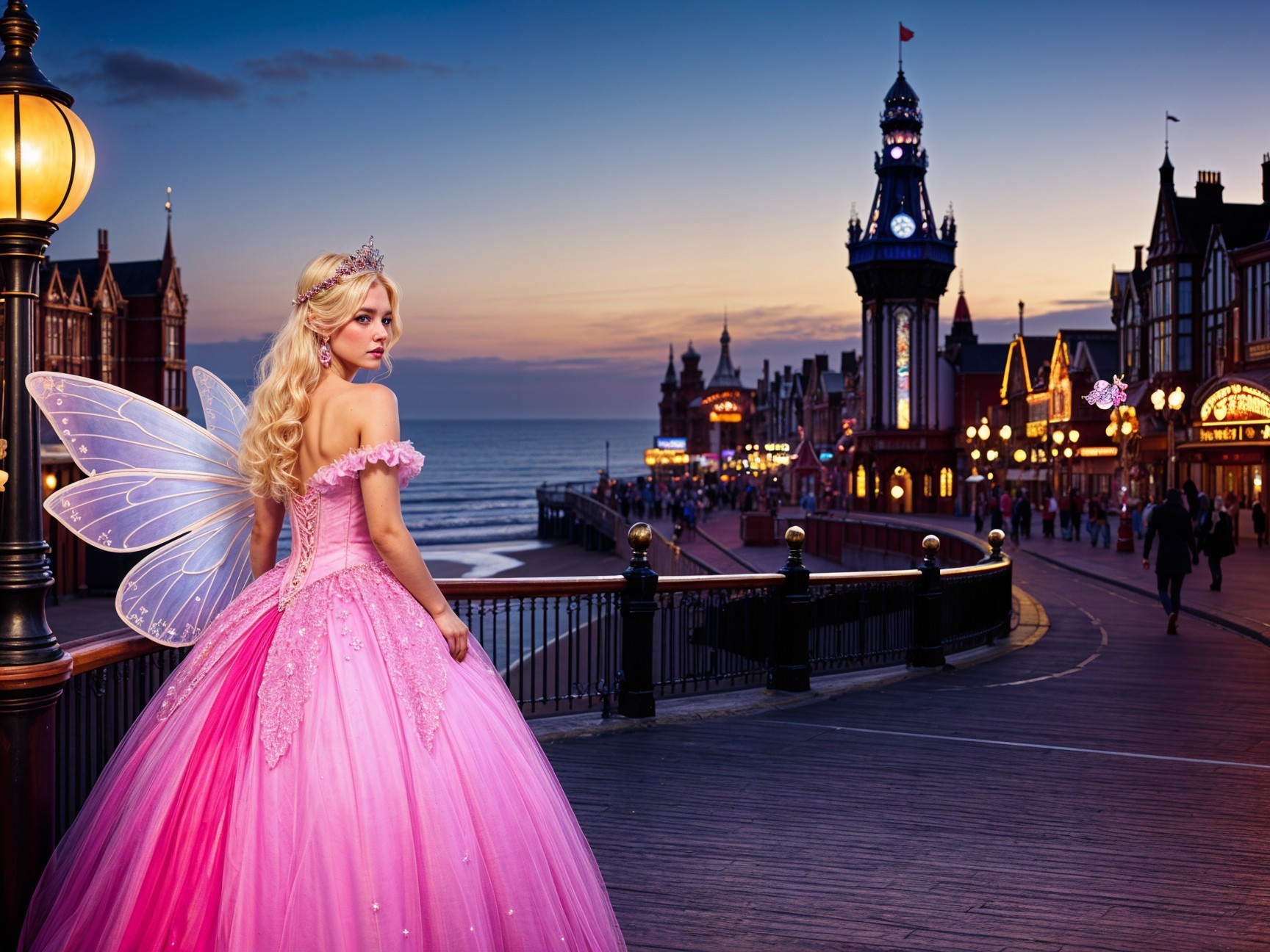 Young Woman in Pink Gown with Wings at Dusk