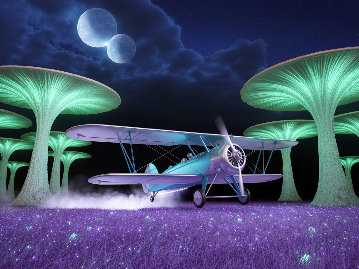 Vintage Biplane Amidst Surreal Purple Landscape