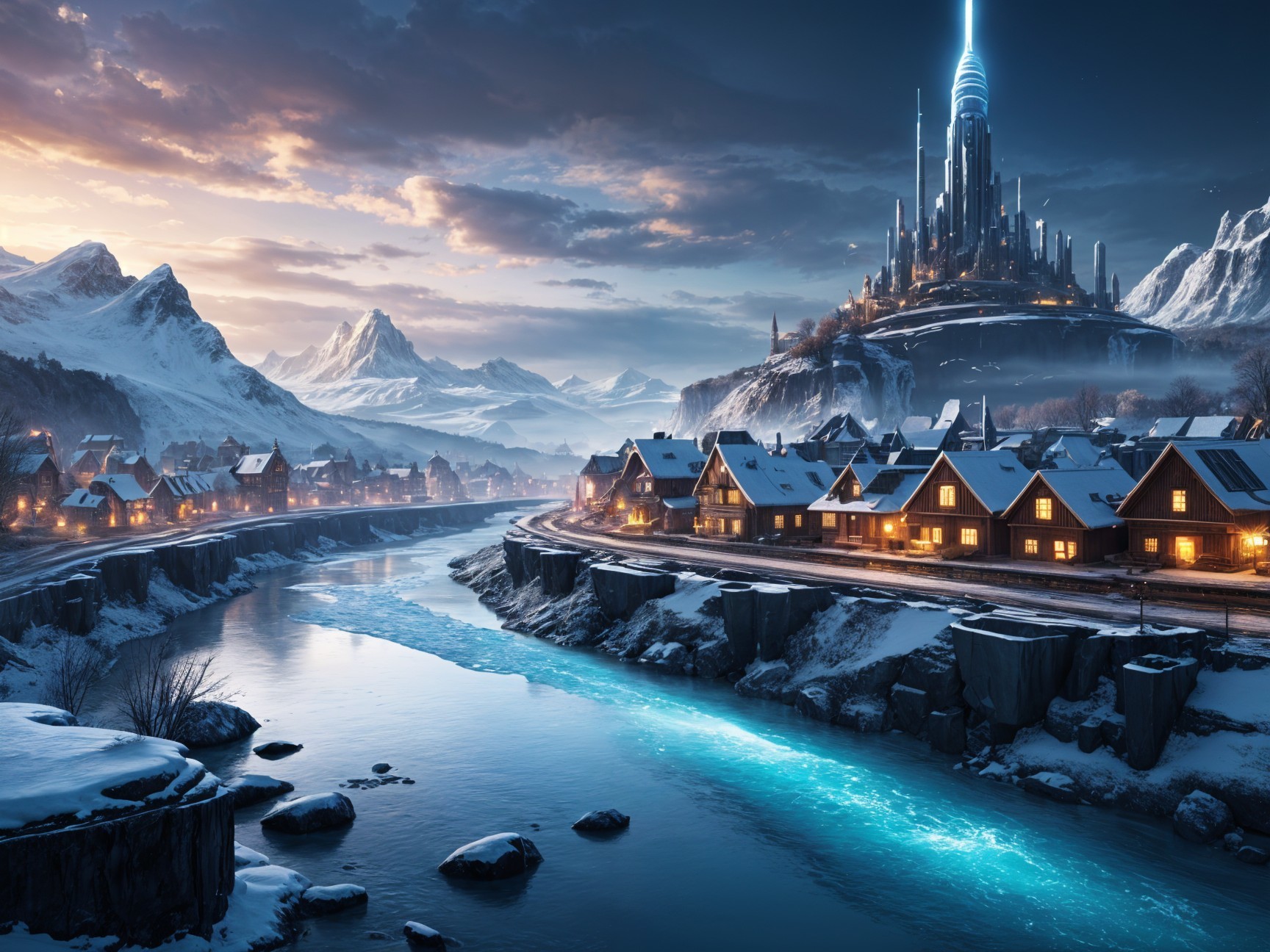 Winter Landscape with Village and Futuristic Castle