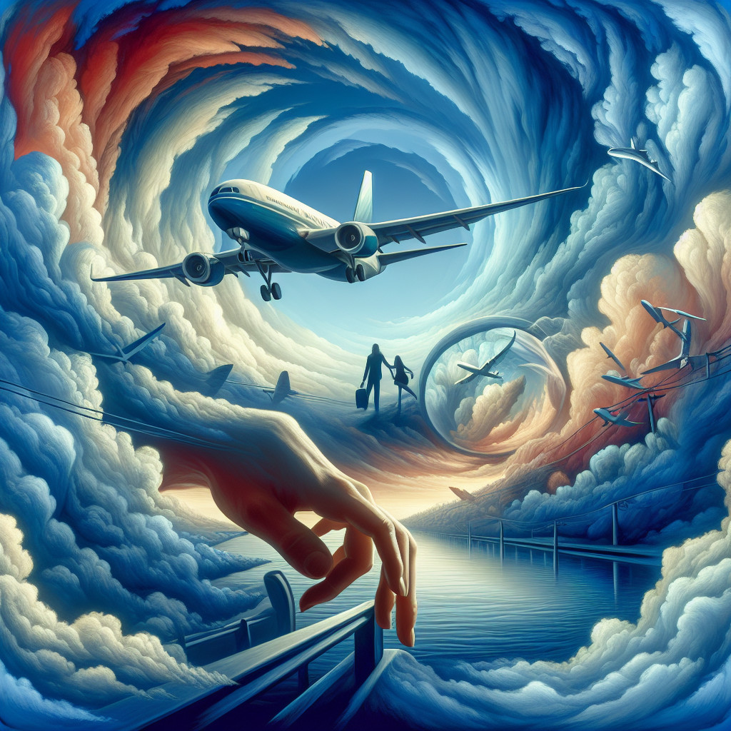 Surreal Airplane Scene with Clouds and Family Below