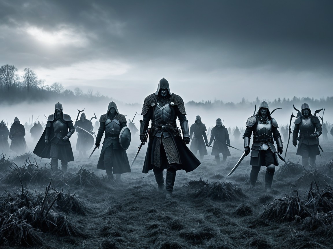 Armored Warriors in Foggy Desolate Landscape