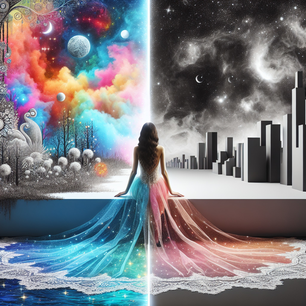 Woman Bridging Dreamlike Landscape and Urban Scene