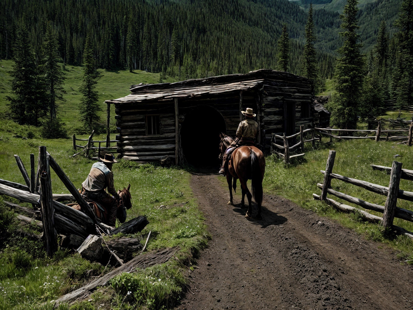 Cowboys Riding in Mountainous Landscape Near Cabin