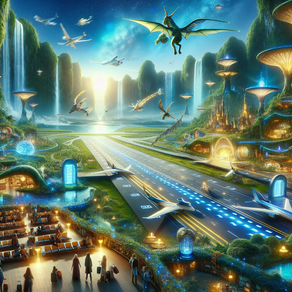 Futuristic Airport Scene with Nature and Technology