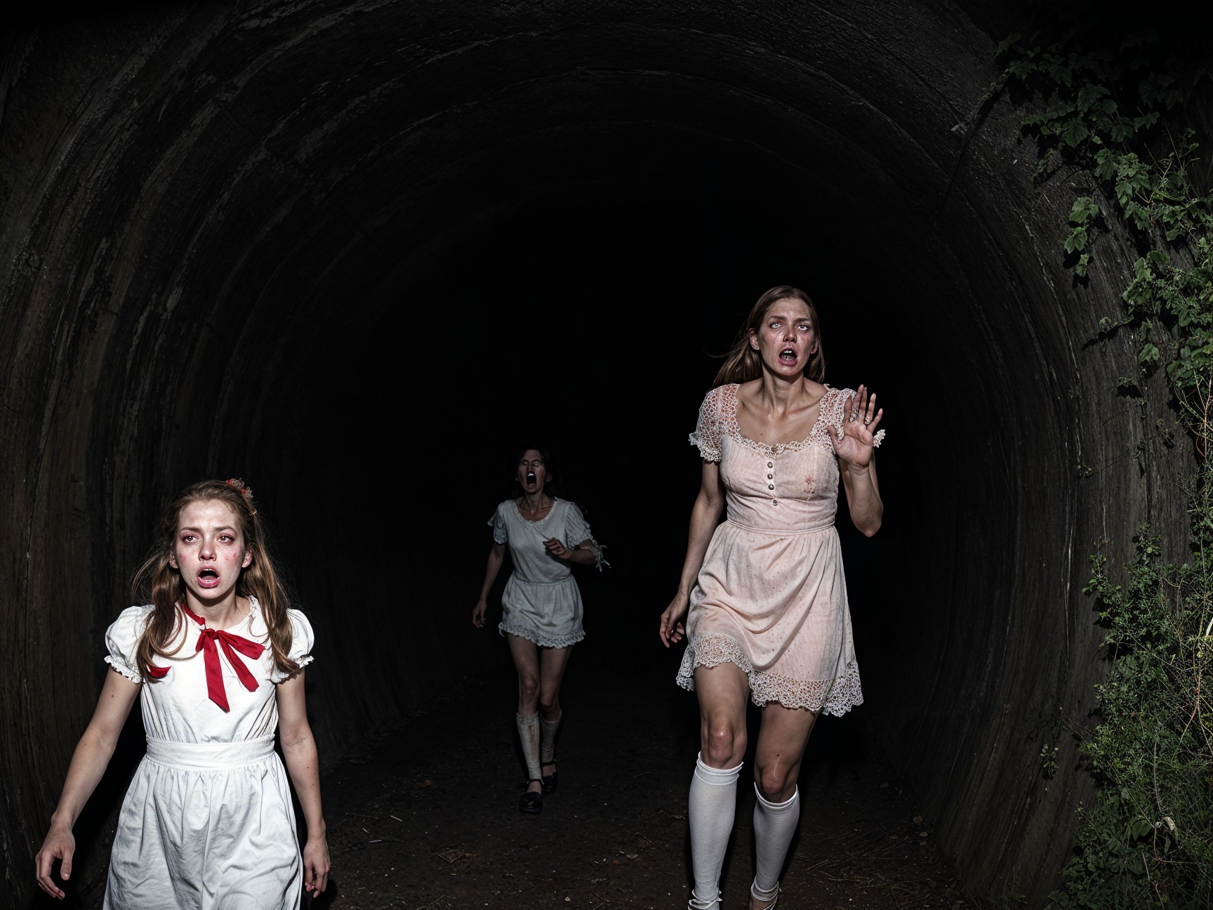 Three Women in Distress in Dark Tunnel Setting