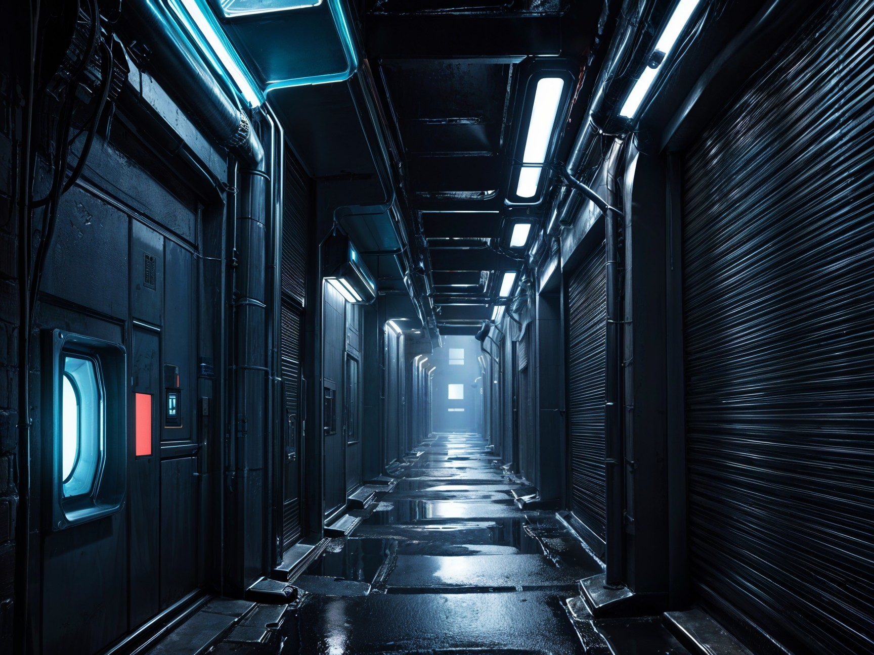 Dimly Lit Industrial Hallway with Metallic Walls