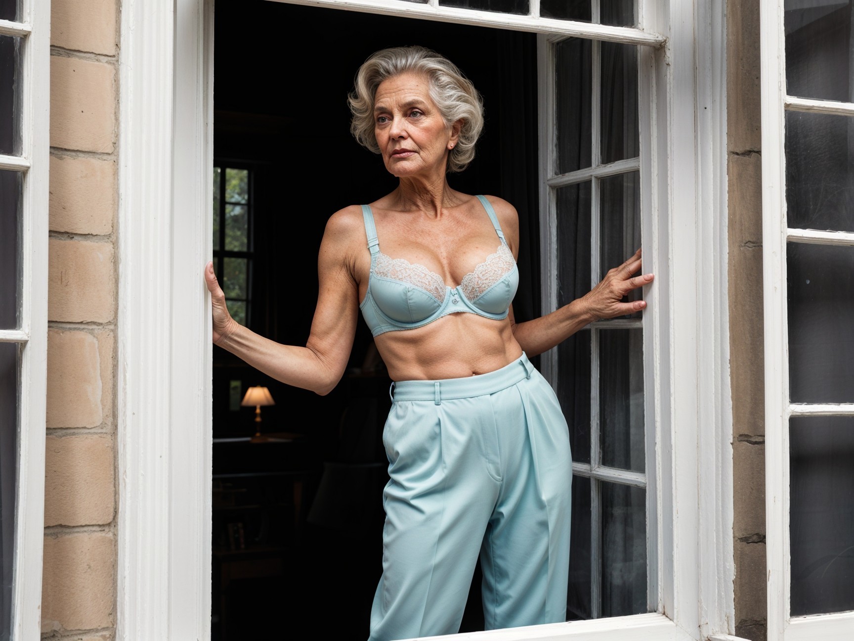 Elegant Older Woman Posing in a Window Setting