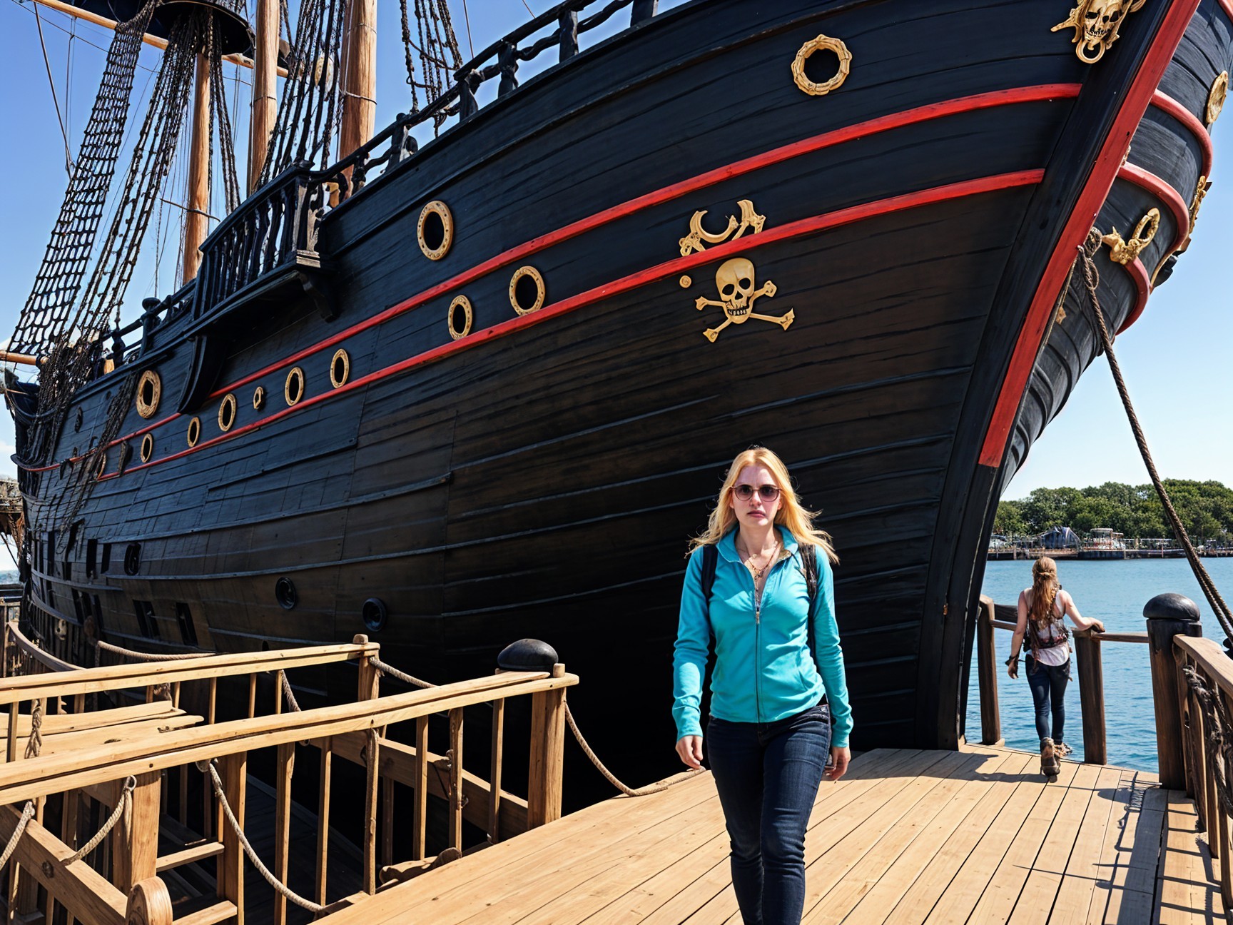 Blonde Woman on Dock by Black Pirate Ship