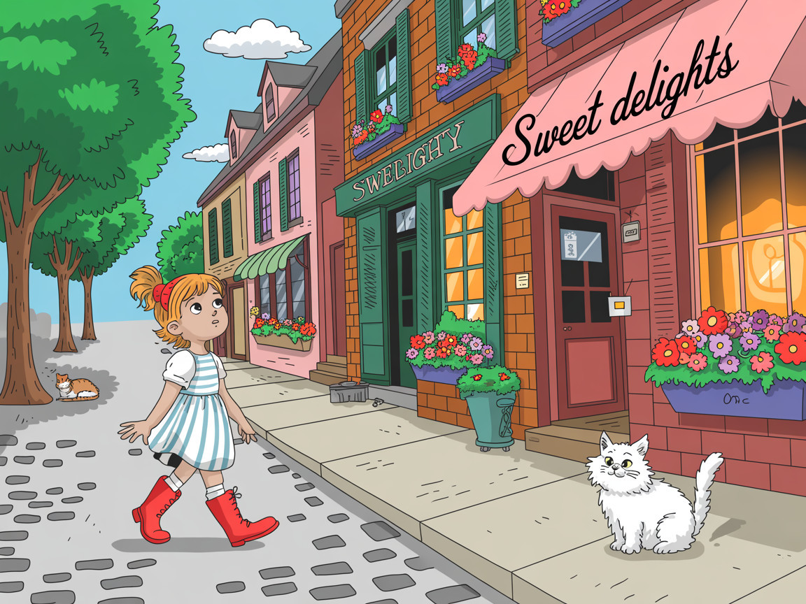Young girl in striped dress on cobblestone street