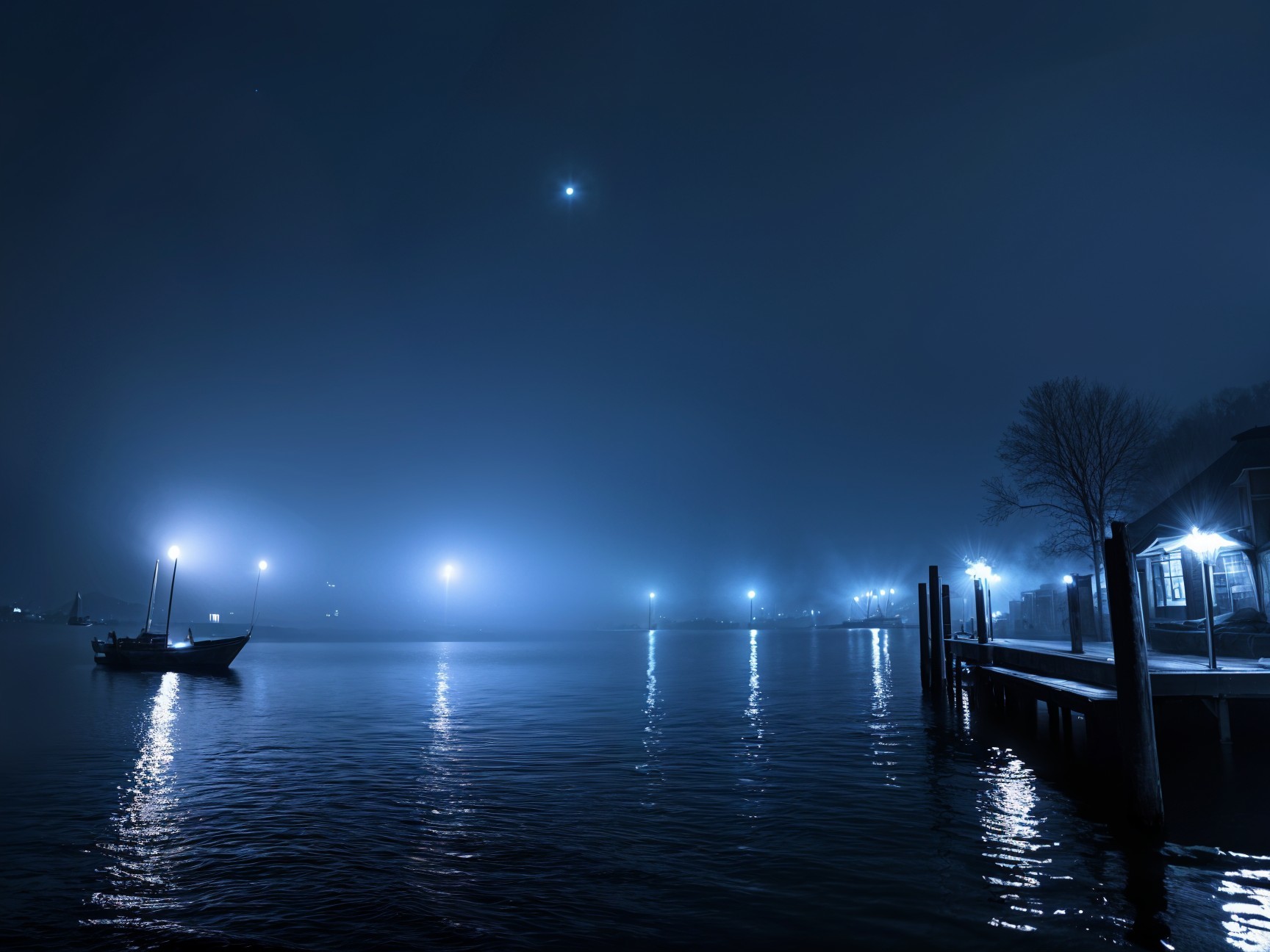 Tranquil Night Lake Scene with Mist and Stars
