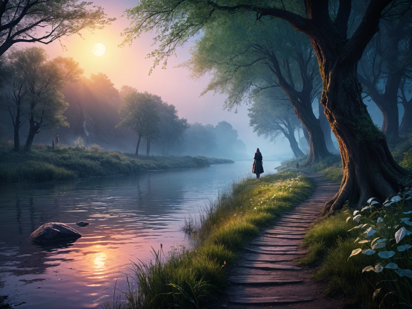 Tranquil Riverside Scene at Sunrise with Lush Greenery