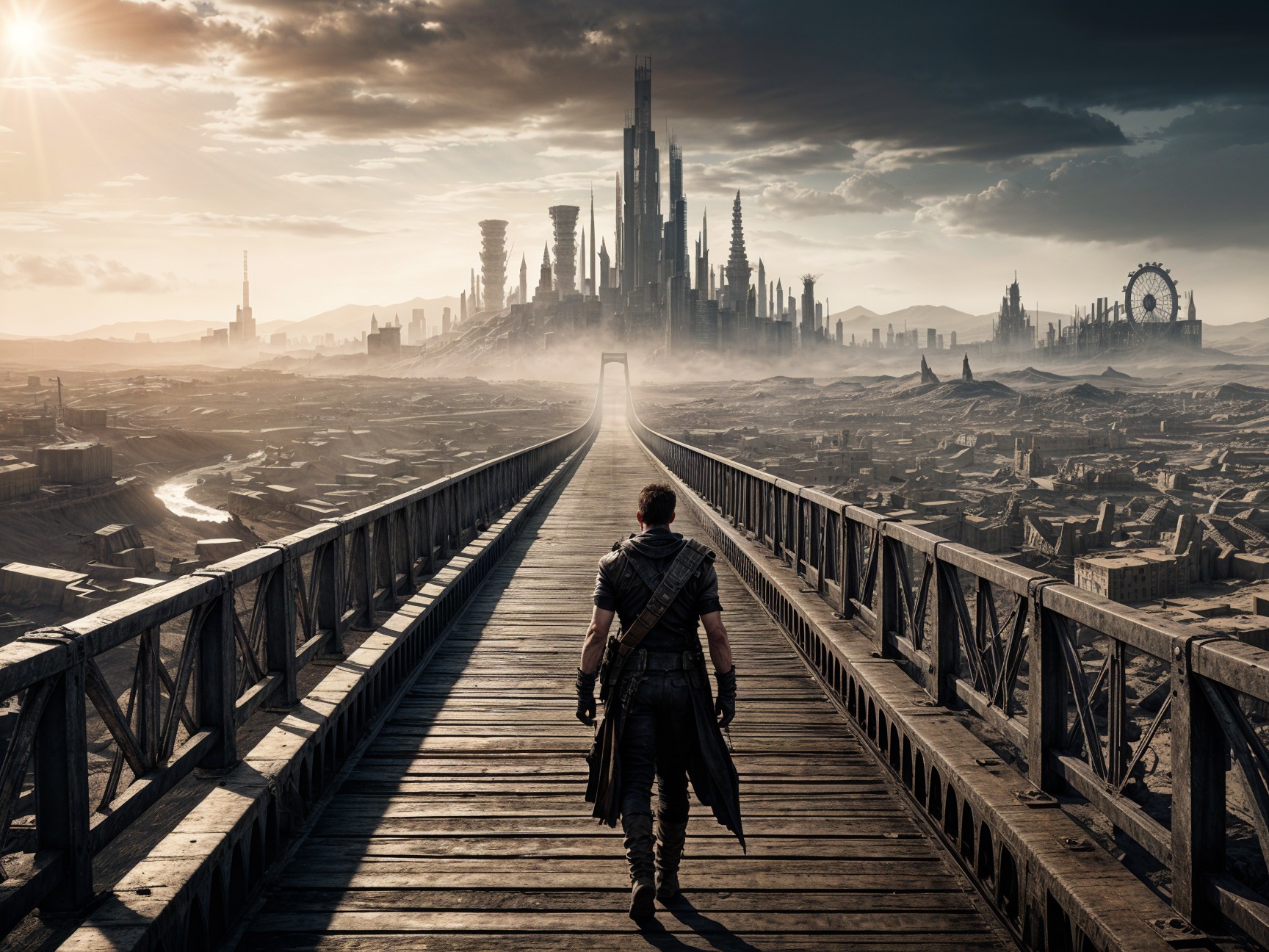 Lone Figure on Bridge Overlooking Misty Cityscape