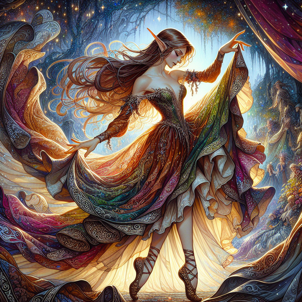 Elf in Colorful Gown in Enchanted Forest Setting