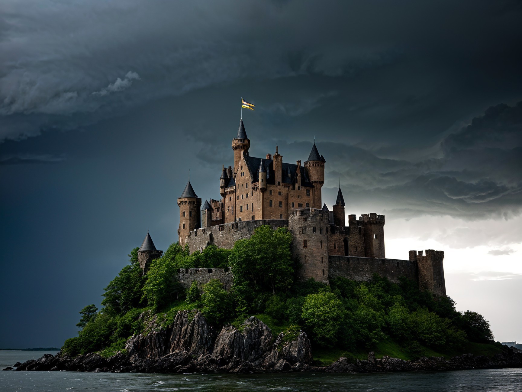 Castle on Rocky Island Surrounded by Lush Greenery