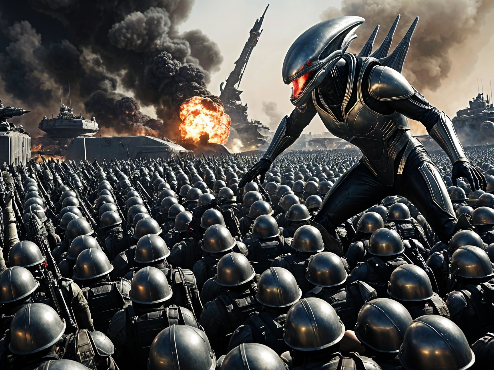 Futuristic Battlefield with Alien Figure and Soldiers