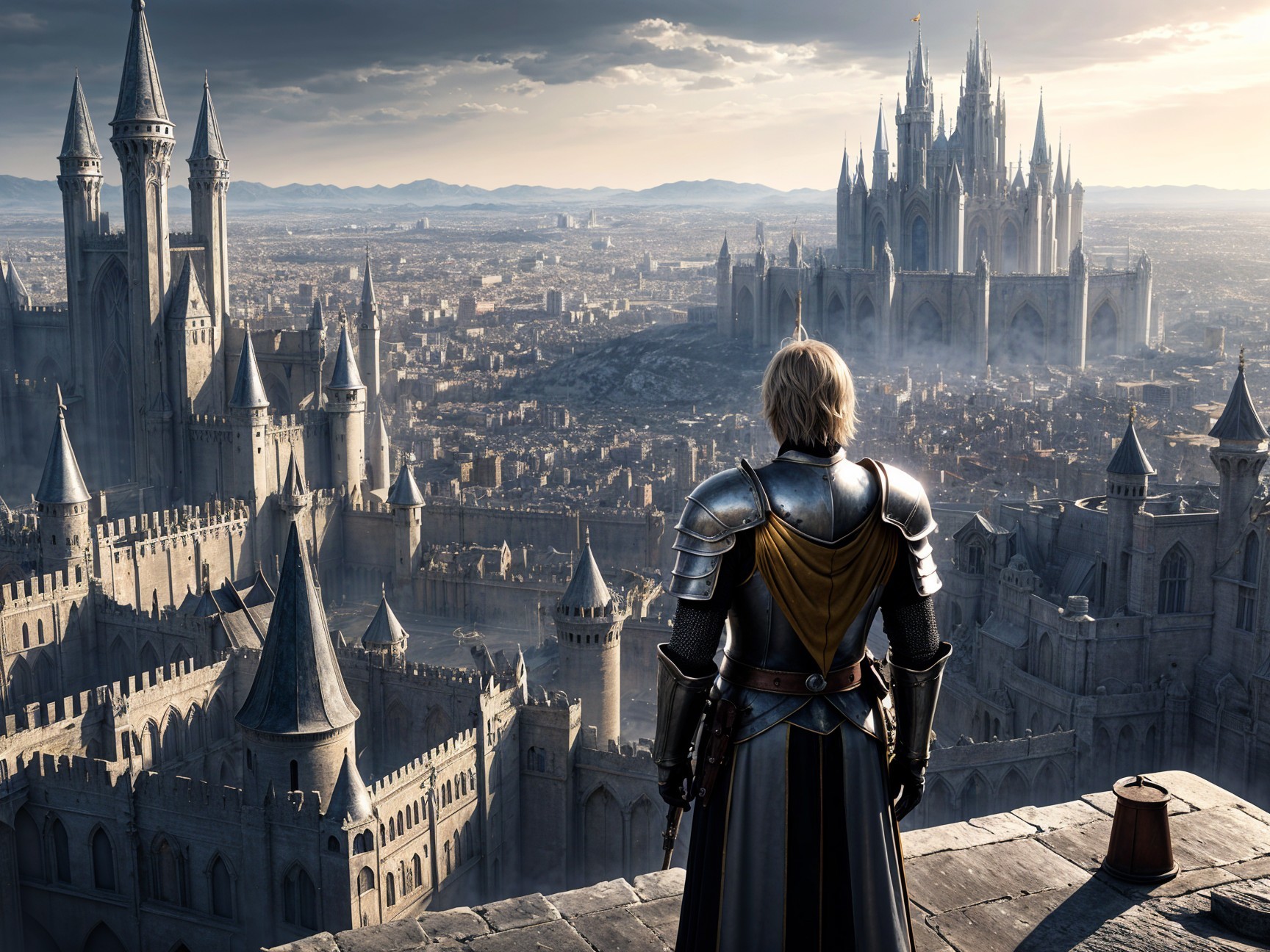 Knight on Castle Parapet Overlooking Medieval City