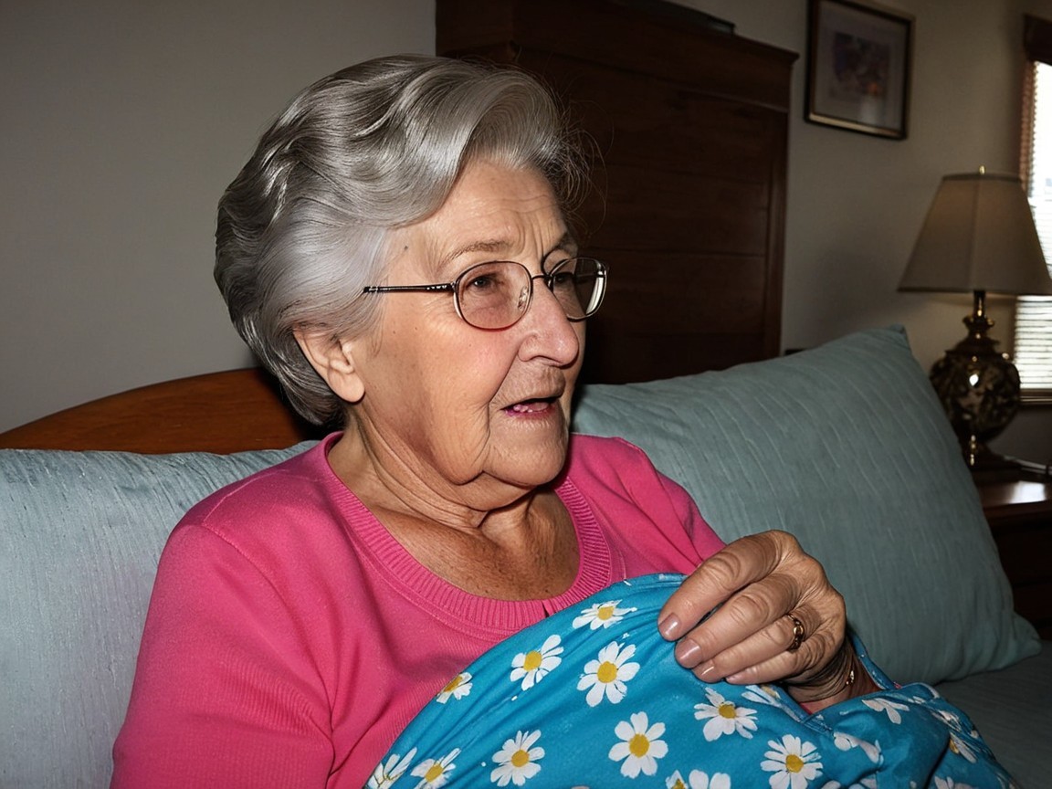 Elderly Woman in Pink Shirt with Blue Blanket Background