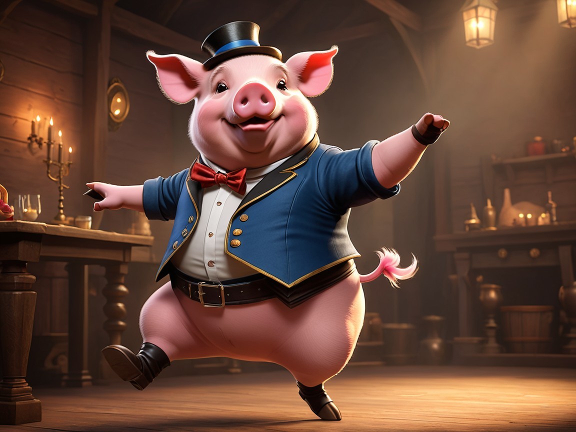 Cheerful Pig in Tuxedo in Cozy Dimly Lit Room