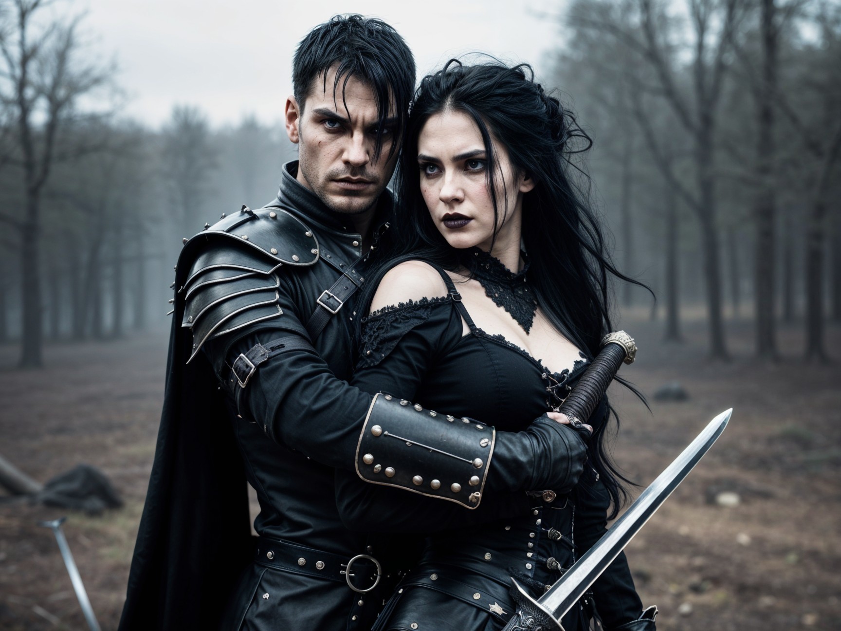 Gothic Couple in Dark Forest with Intriguing Attire