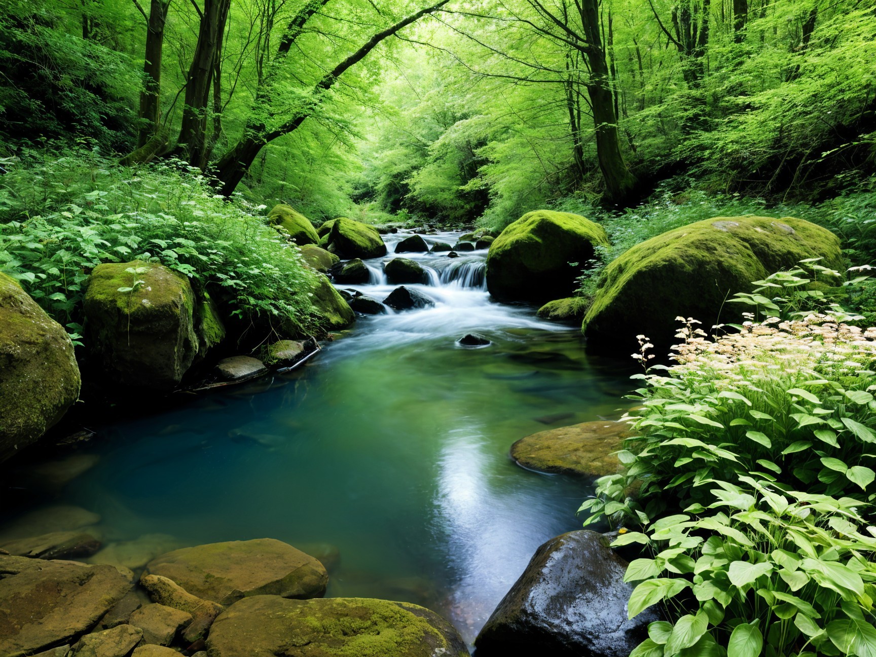 Serene Forest Stream with Moss-Covered Rocks and Foliage