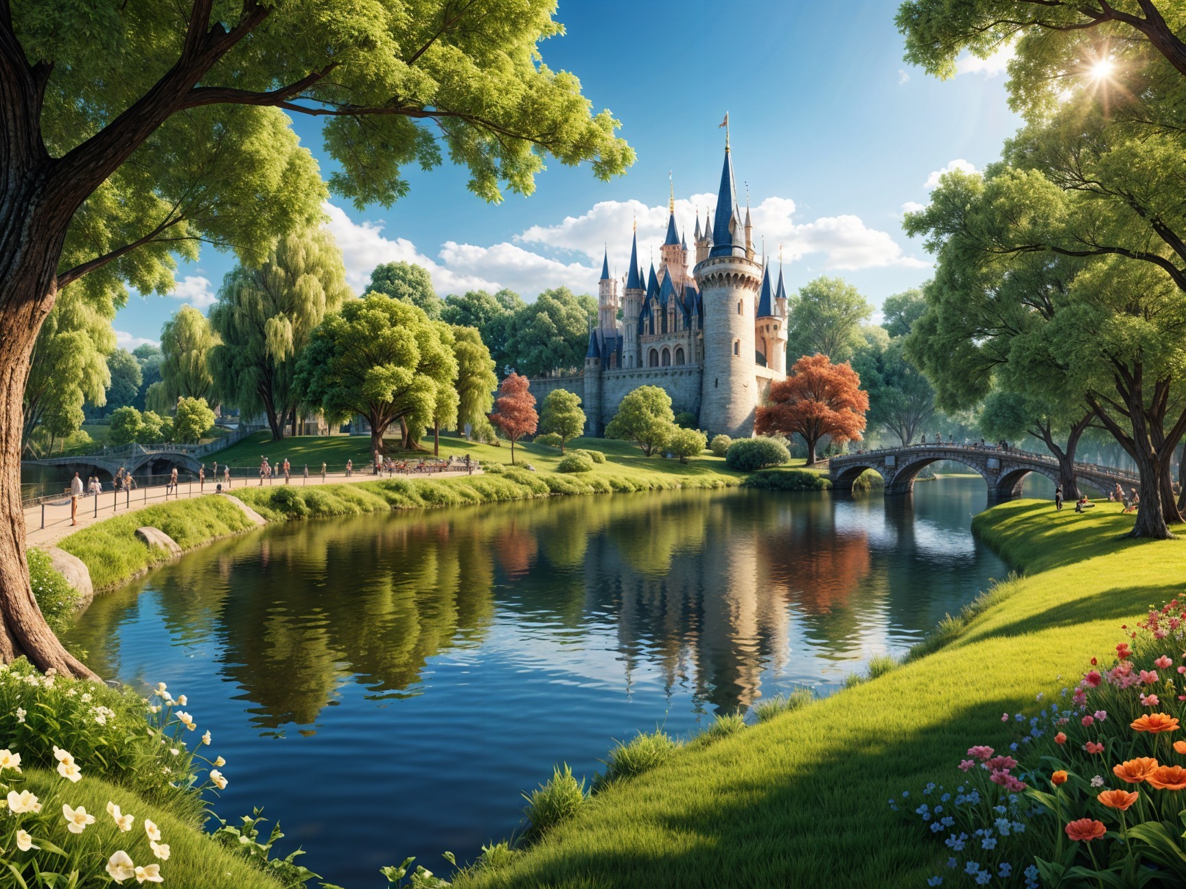 Grand Castle in Lush Landscape with Serene River
