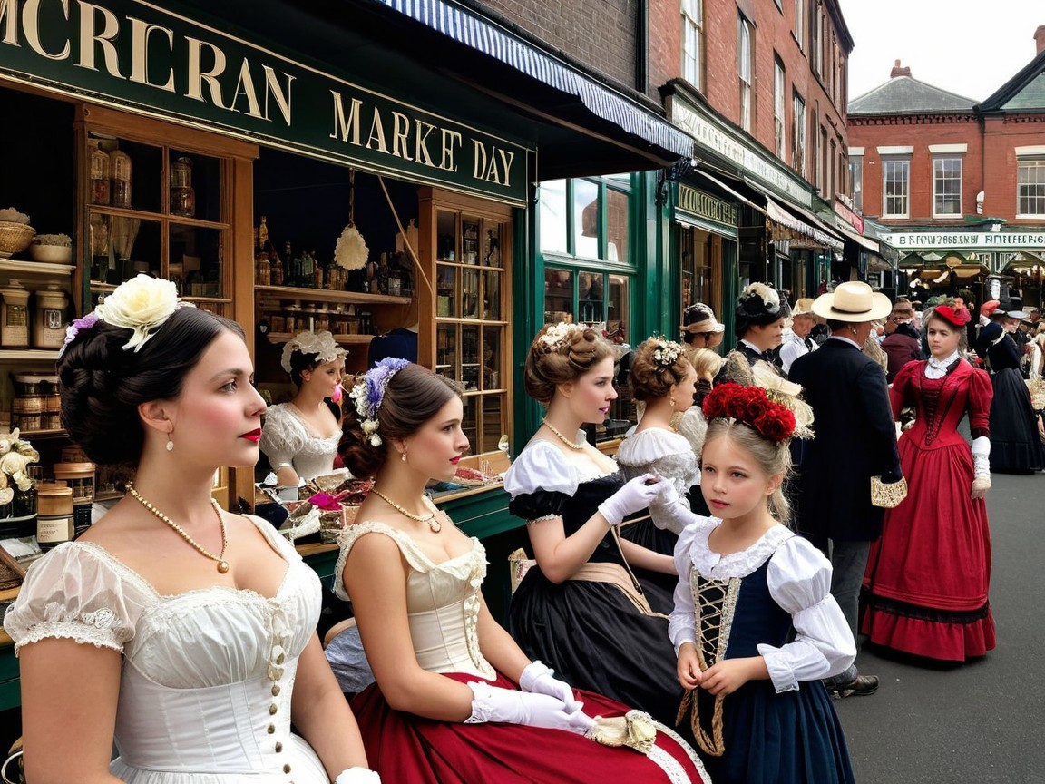 19th-Century Market Scene with Elegant Attire and Stalls
