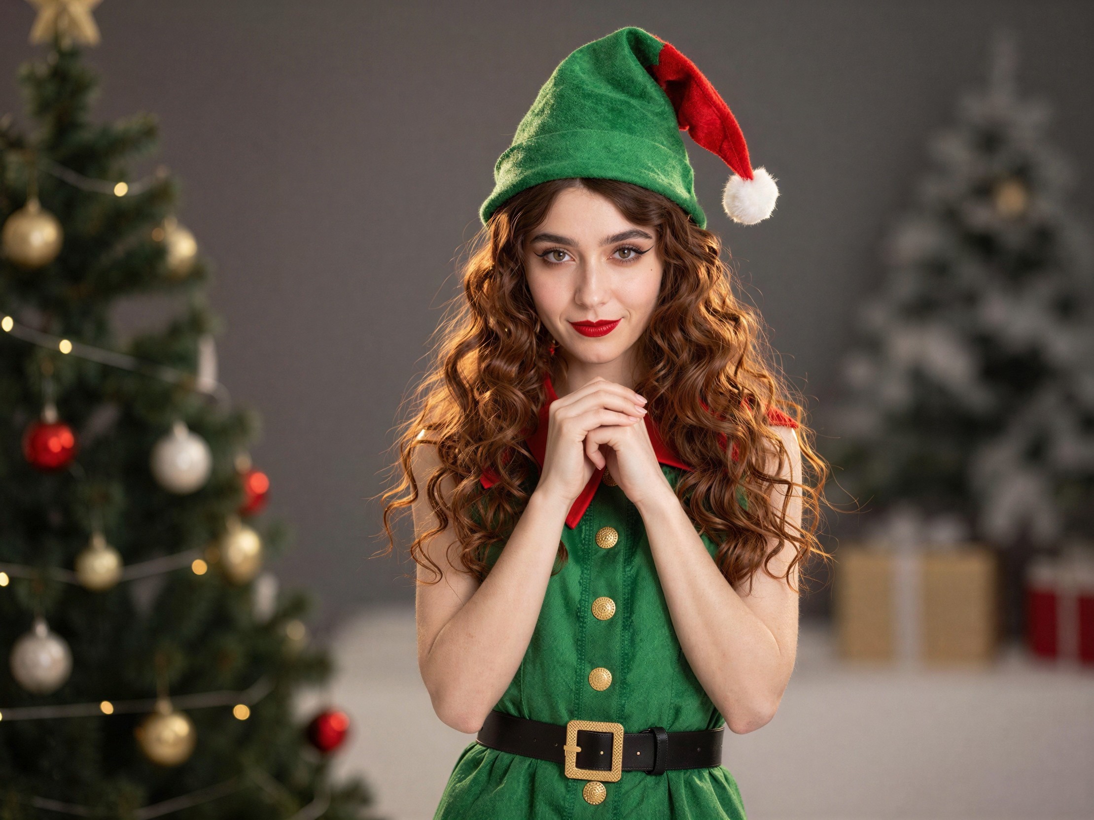 Attractive Woman Smiling by Decorated Christmas Trees