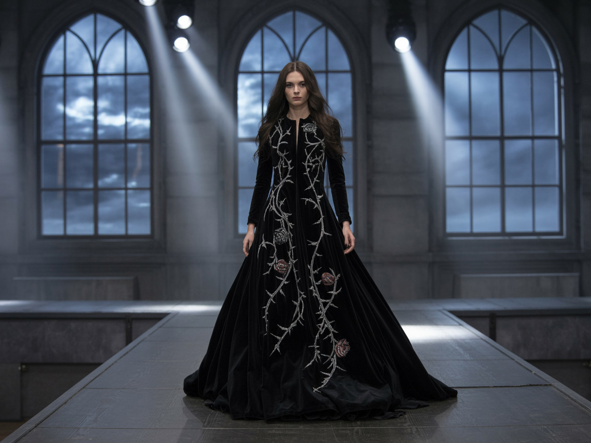 Dramatic Black Gown with Floral Embroidery on Runway