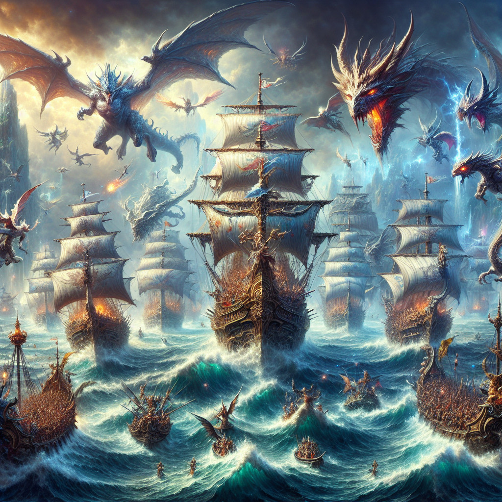 Majestic ships and dragons in a vibrant ocean scene