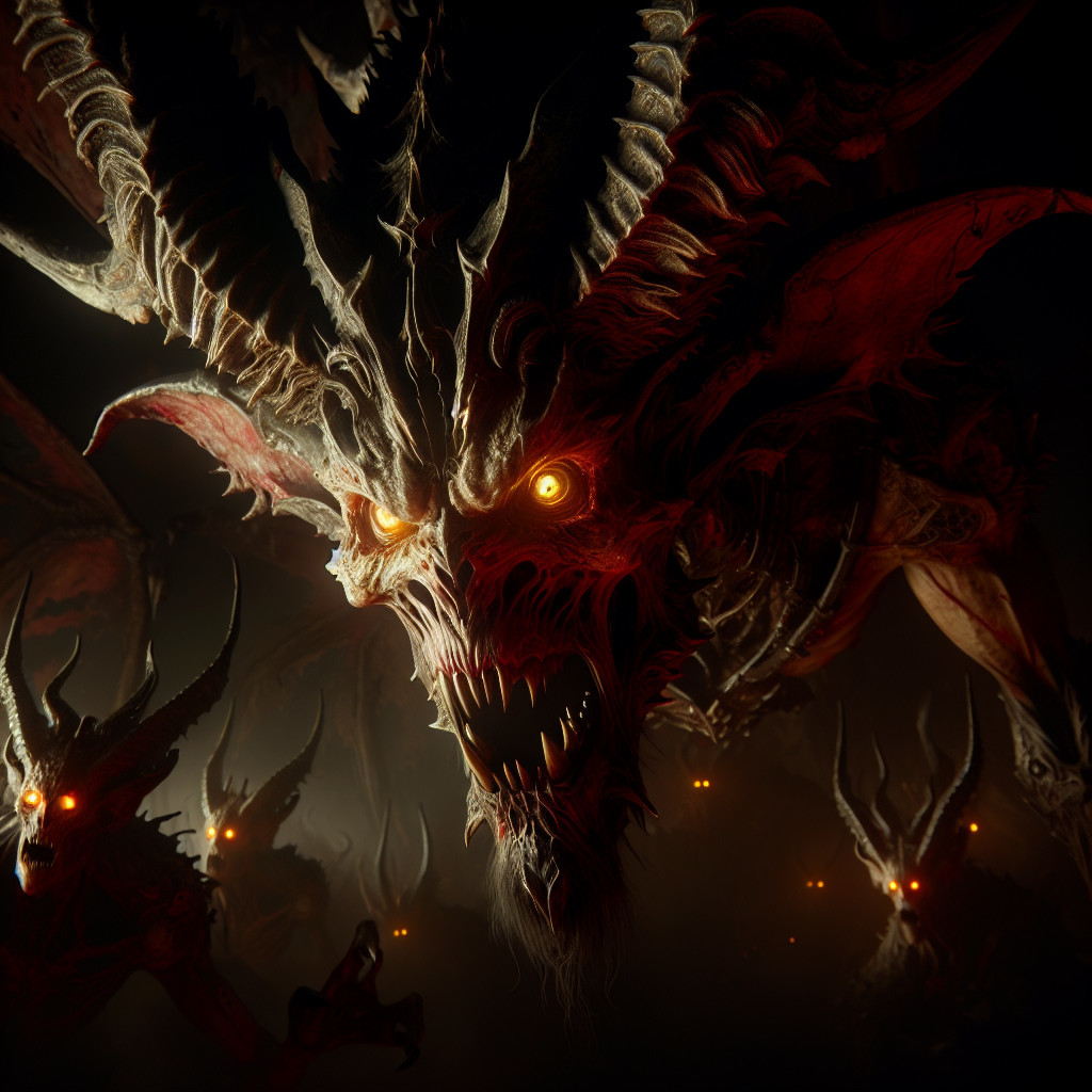 Otherworldly creature with twisted horns and glowing eyes