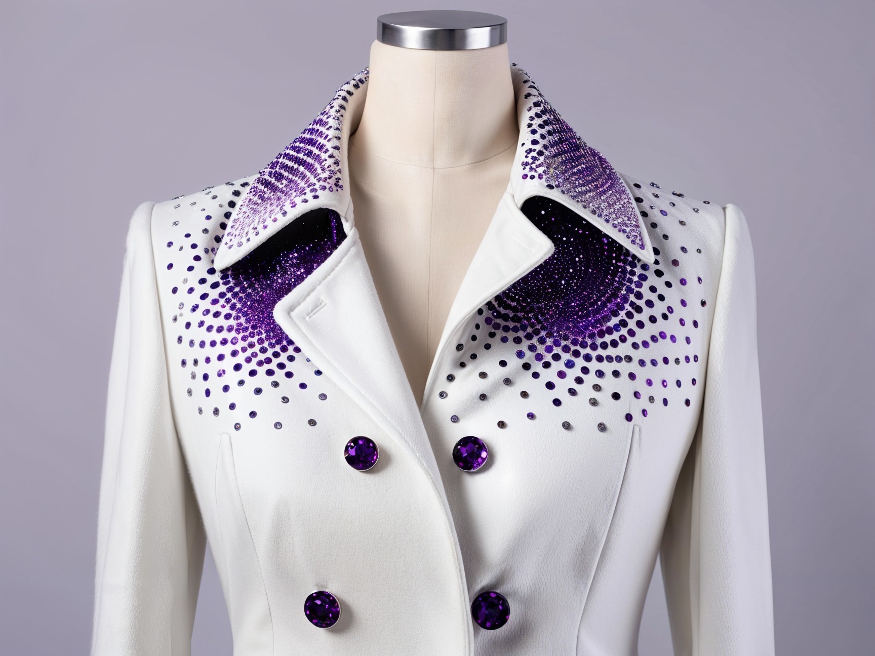 Elegant white jacket with purple embellished collar