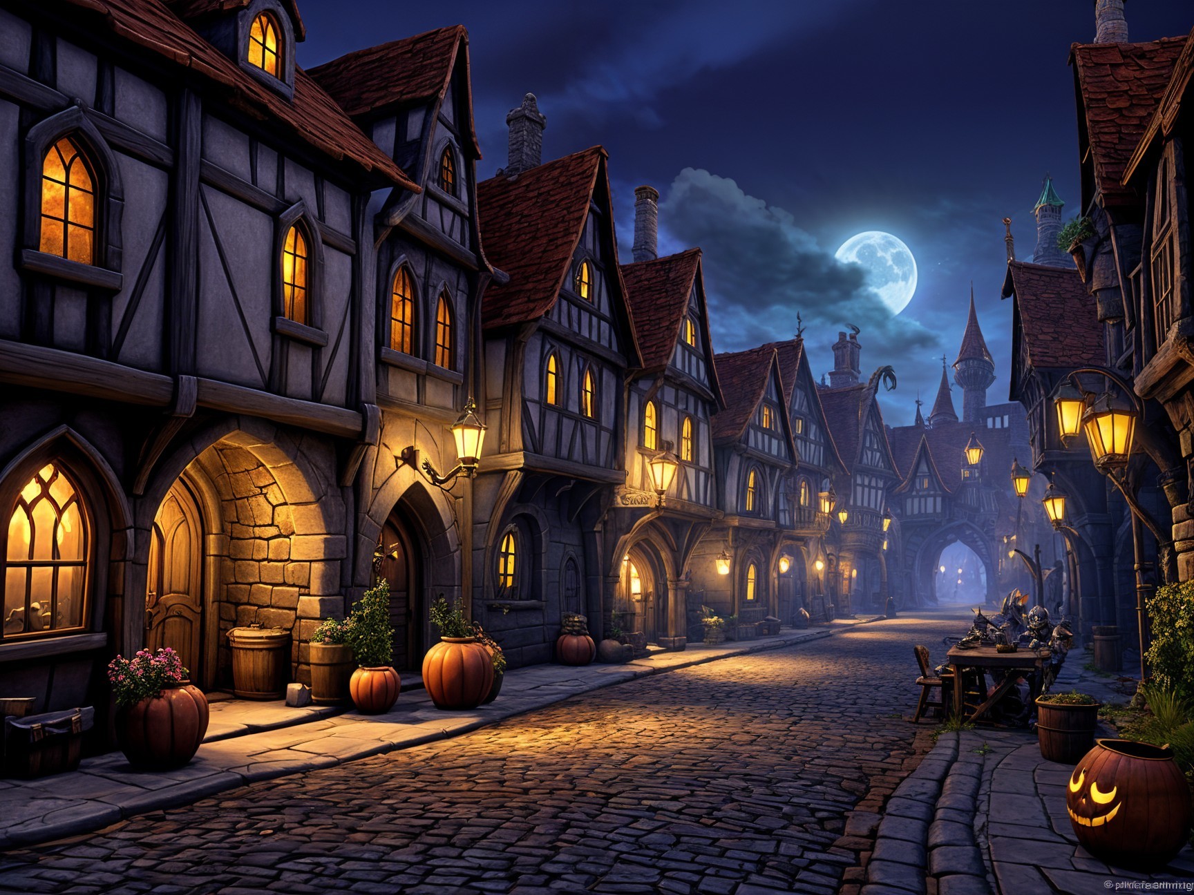 Charming Cobblestone Street with Lanterns and Moonlight