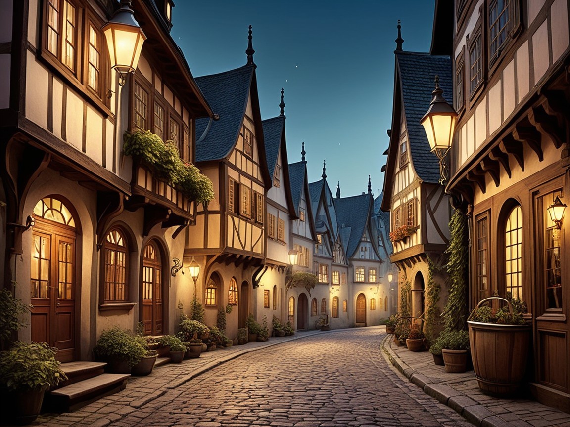 Charming Cobblestone Street with Half-Timbered Houses