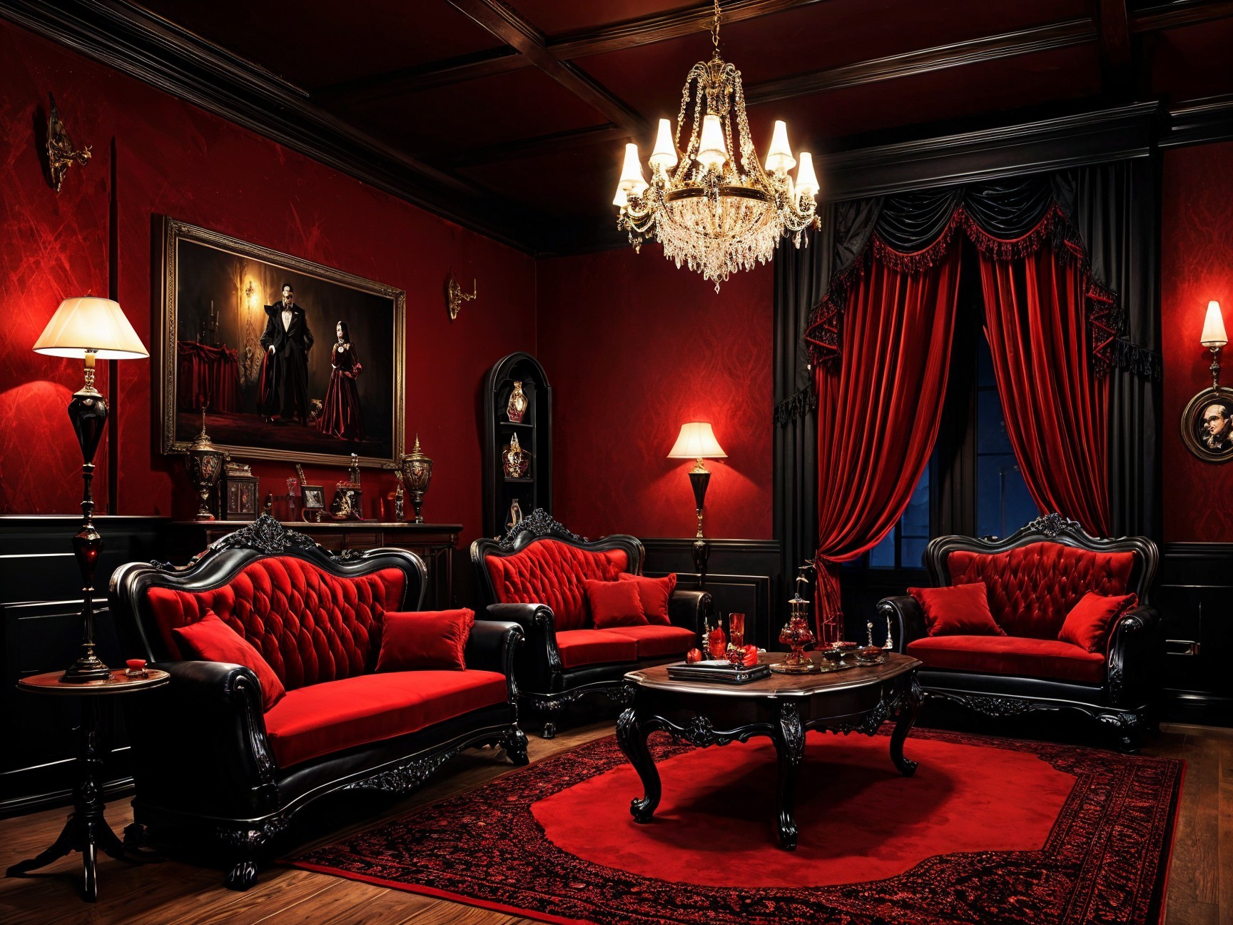 Opulent living room with red velvet sofas and chandelier