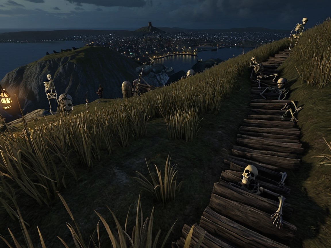 Skeletons in a dimly lit landscape with waterfront town