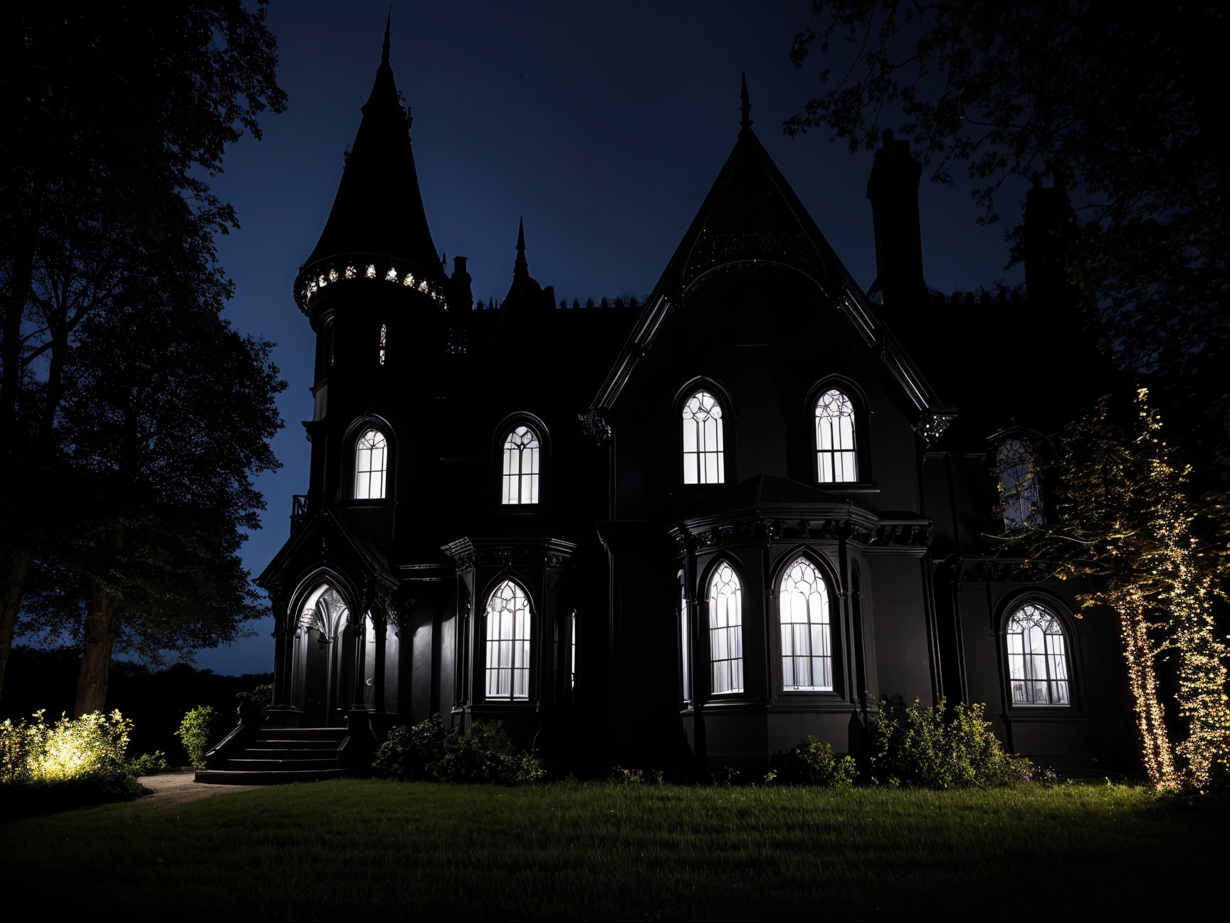Gothic Mansion with Intricate Architecture at Night