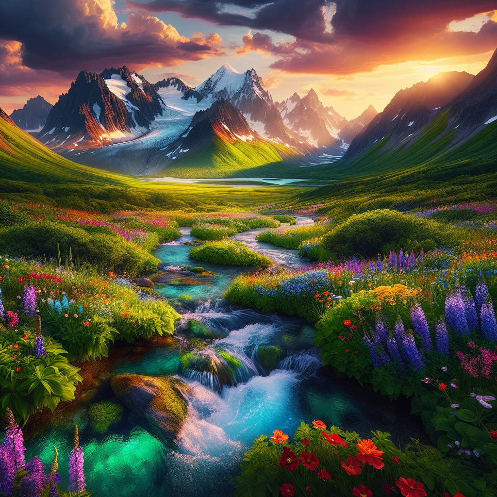 Vibrant Wildflower Landscape with Snow-Capped Mountains