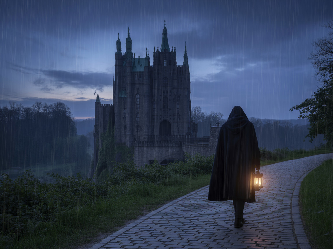 Cloaked figure on cobblestone path near gothic castle