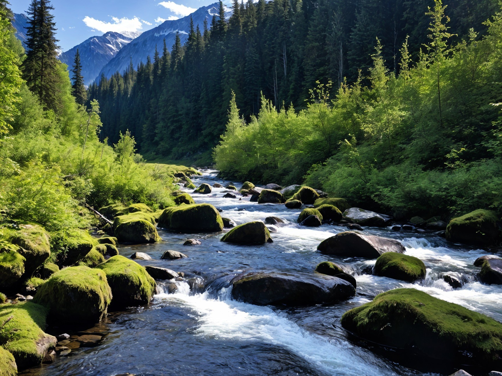 Serene Mountain Landscape with Flowing River and Trees