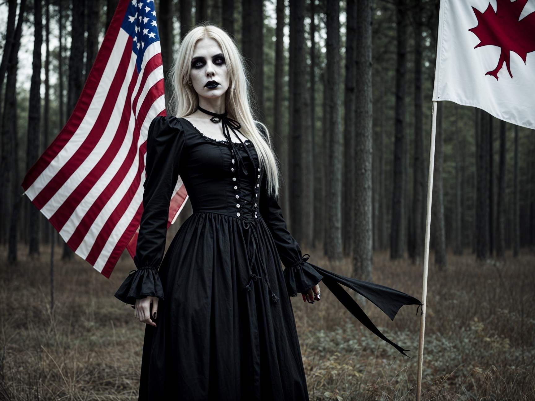 Figure in Black Gown in Misty Forest with Flags