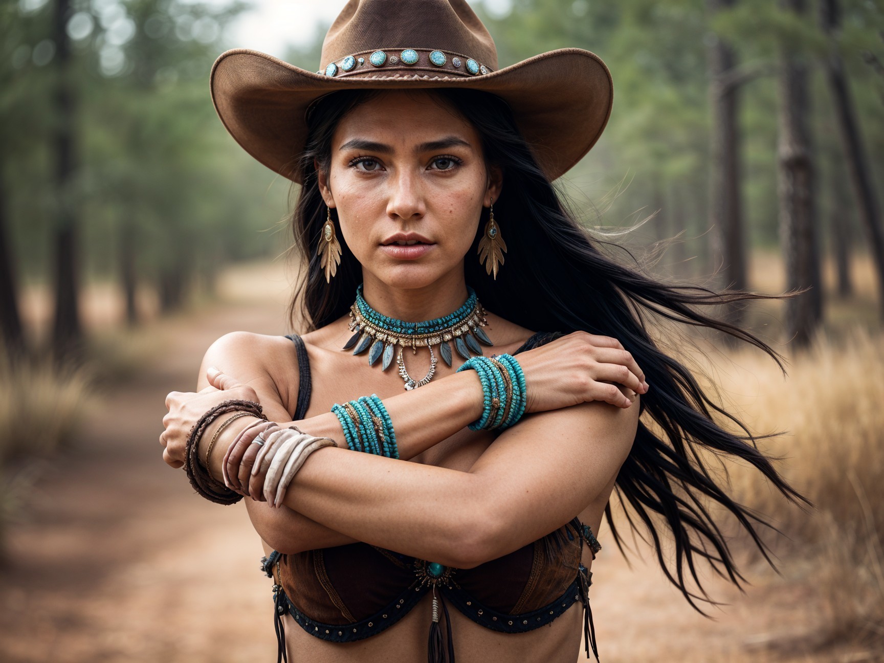 Confident Woman in Forest with Cowboy Hat and Jewelry