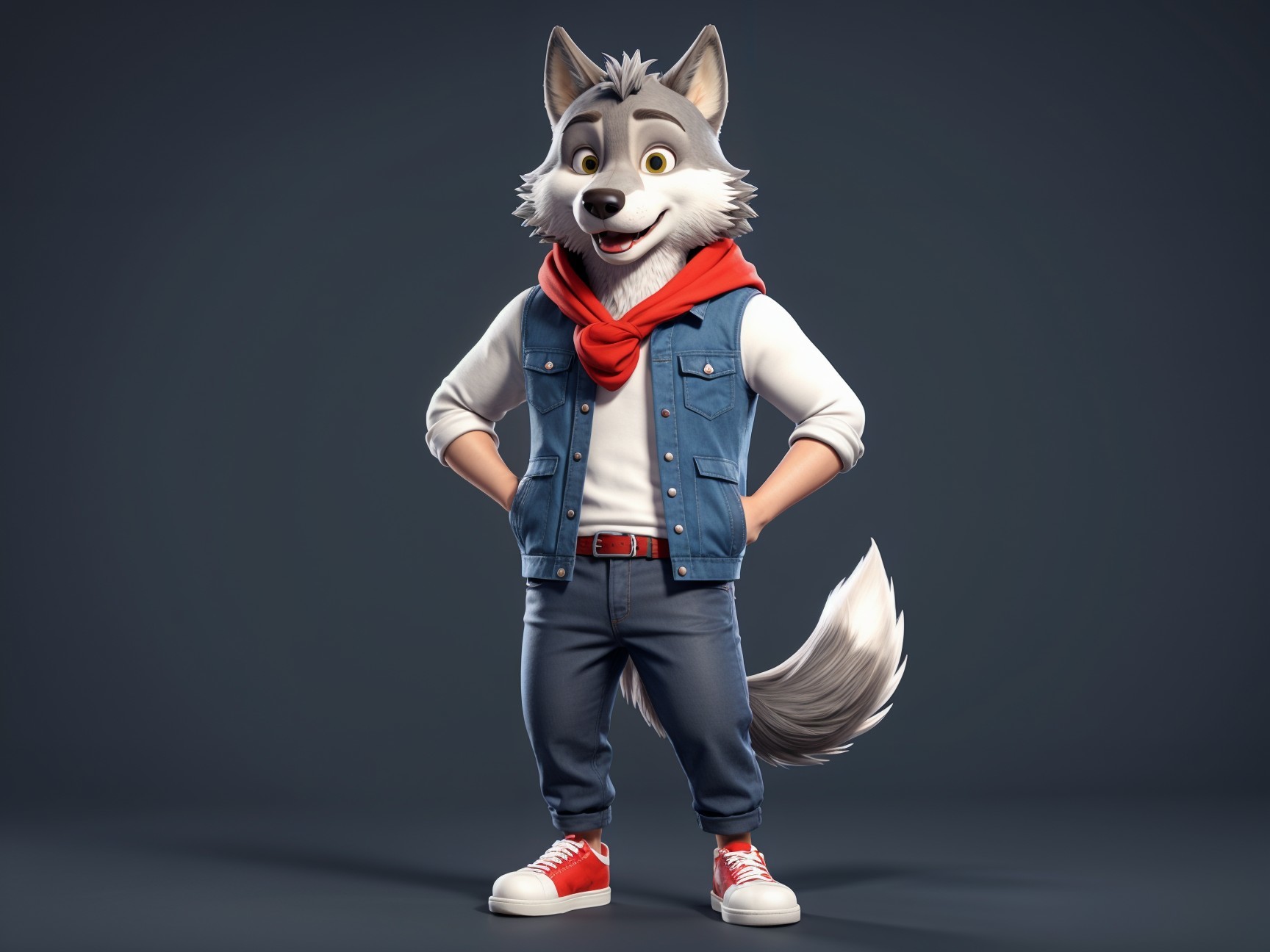 Cheerful cartoon wolf in casual denim outfit