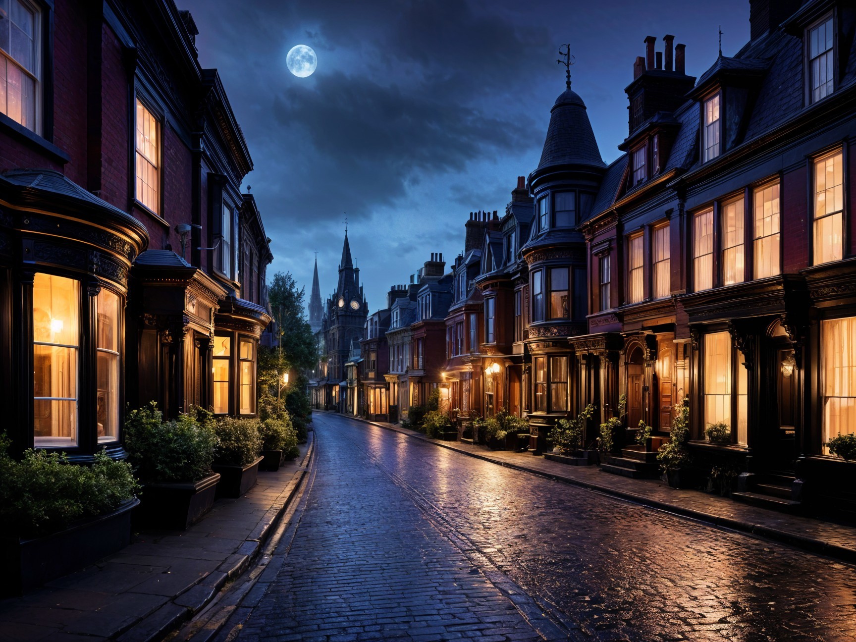 Dimly Lit Victorian Street with Church Spire at Night