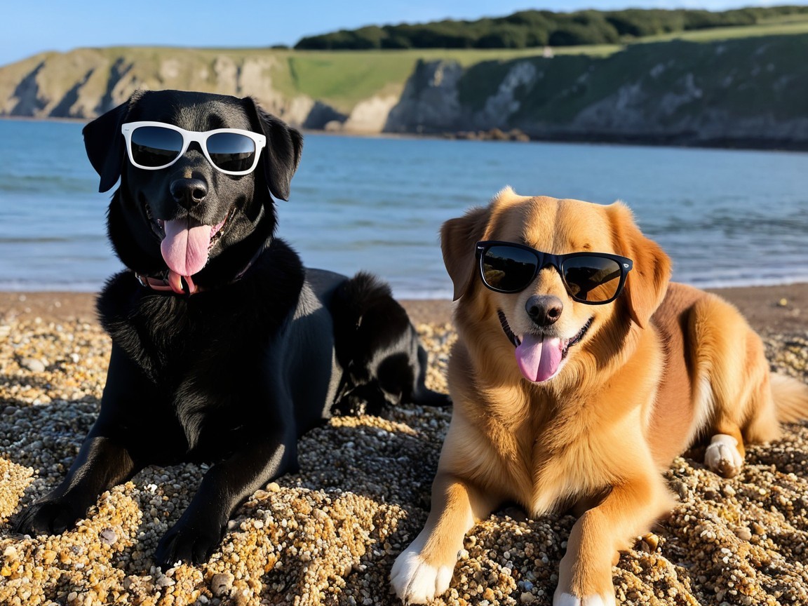 Cheerful dogs relaxing on a pebble beach with hills