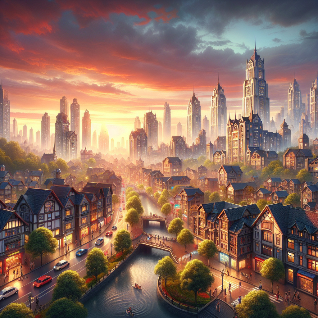 Cityscape at Sunset with Skyscrapers and River