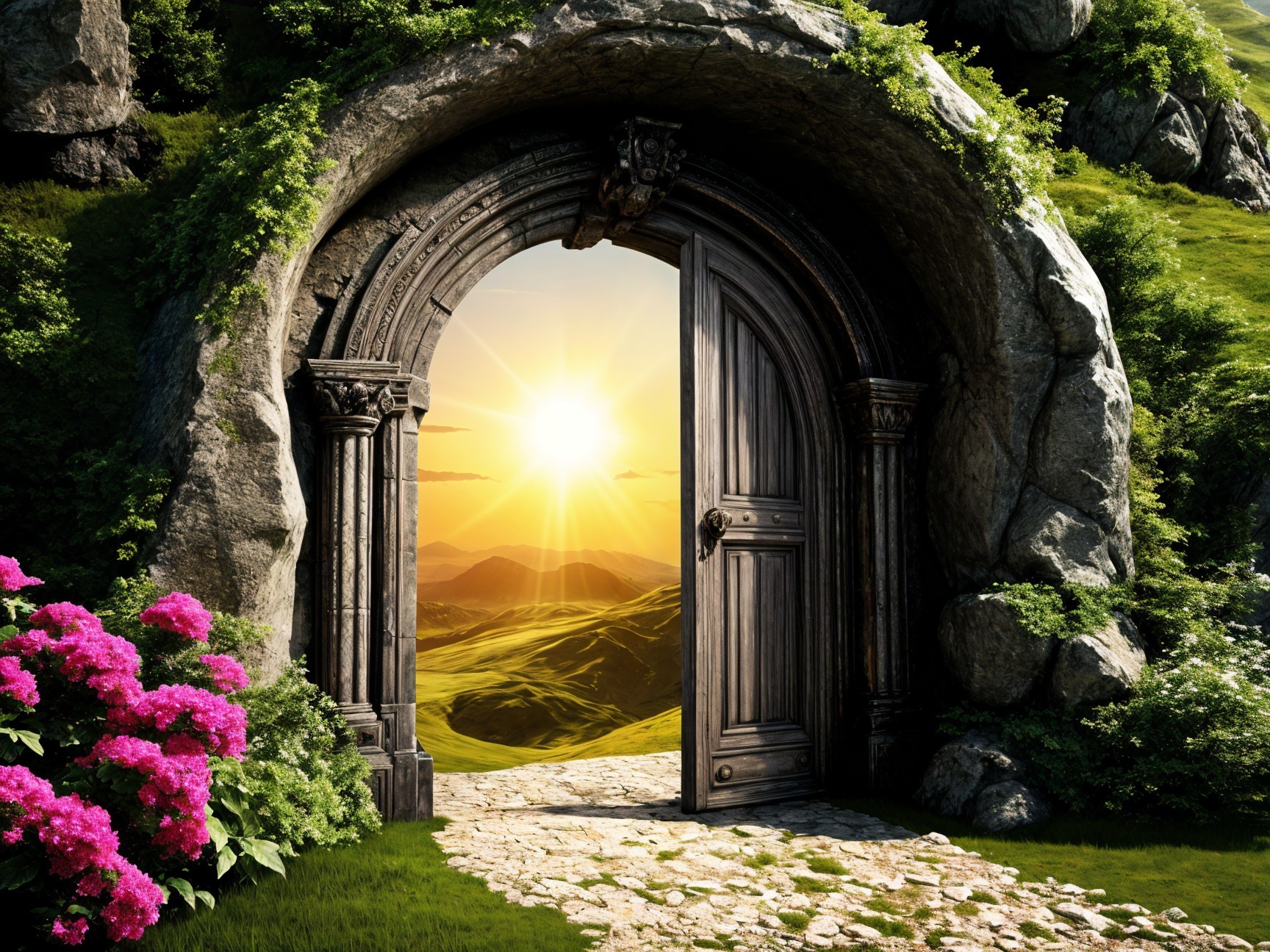 Stone Archway Opening to Scenic Landscape and Flowers