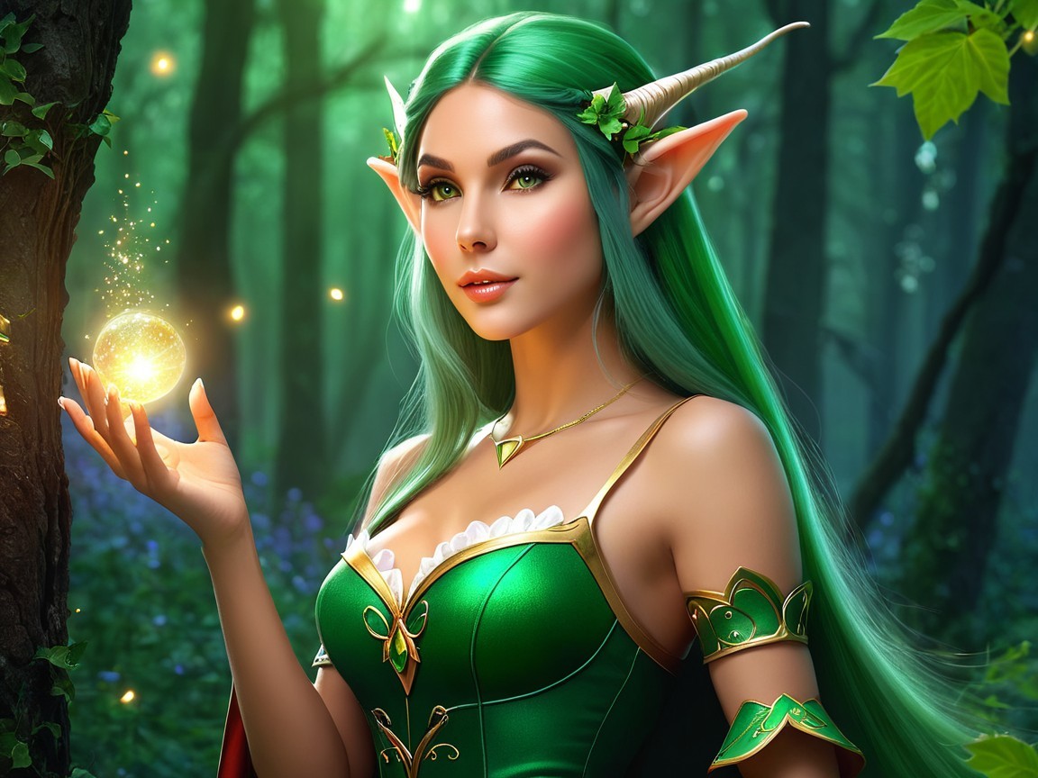 Elf in Green Dress with Magical Orb in Forest Scene